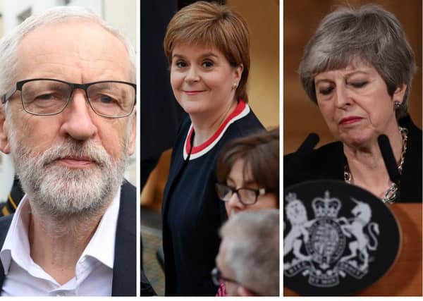 Theresa May (right) and Jeremy Corbyn get the lowest personal ratings in Scotland. Nicola Sturgeon's (centre) SNP score well againast both the Conservatives and Labour
