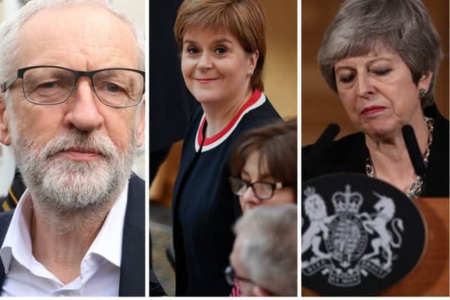 Theresa May (right) and Jeremy Corbyn get the lowest personal ratings in Scotland. Nicola Sturgeon's (centre) SNP score well againast both the Conservatives and Labour