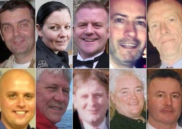 From left, top row, David Traill; PC Kirsty Nelis; PC Tony Collins; Gary Arthur; Samuel McGhee (Bottom: left to right) Colin Gibson; Robert Jenkins; Mark O'Prey; John McGarrigle; and Joe Cusker . The 10 were killed in the Clutha tragedy