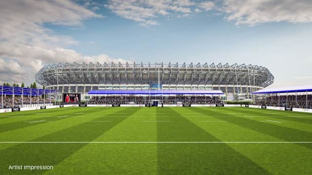 An artist's impression of the new stadium, with BT Murrayfield in the background. Picture: Contributed