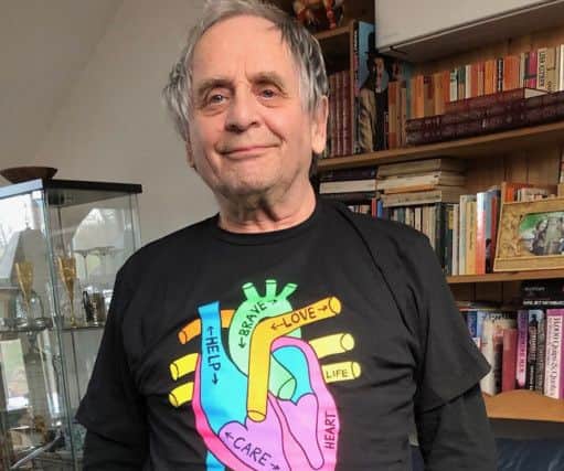 Former Doctor Who Sylvester McCoy proudly sports the T-shirt. Picture: contributed
