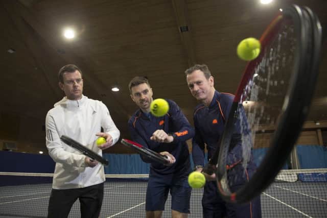 Davis Cup captain Leon Smith, Fed Cup coach Colin Fleming and CEO Blane Dodds at the Gleneagles Tennis Arena in  Auchterarder. Picture: Jeff Holmes