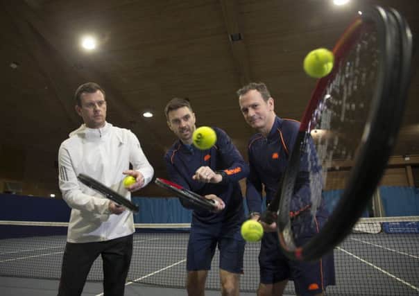Davis Cup captain Leon Smith, Fed Cup coach Colin Fleming and CEO Blane Dodds at the Gleneagles Tennis Arena in  Auchterarder. Picture: Jeff Holmes
