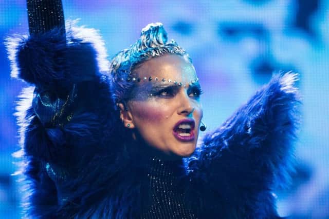 In Vox Lux, teenage Celeste (Raffey Cassidy) survives a violent high-school shooting in 1999. After singing at a memorial service, she transforms herself into a burgeoning pop star with the help of her songwriter sister (Stacy Martin) and manager (Jude Law). By 2017, adult Celeste (Natalie Portman, pictured) is mounting a comeback after a scandalous incident that derailed her career.