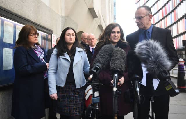 The family of Charlotte Brown, (left to right) mother Roz Wickens, sisters Vicky and Katie Brown and father Graham Brown, speaking outside the Old Bailey, London following the appearance of speedboat killer Jack Shepherd who was returned to the UK following 10 months on the run. Picture: Victoria Jones/PA Wire