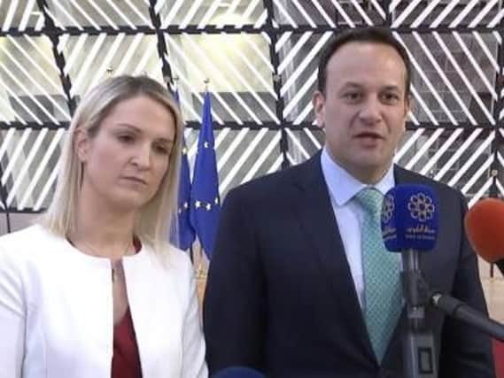 Irish Prime Minister Leo Varadkar speaking in Brussels alongside Europe Minister Helen McEntee