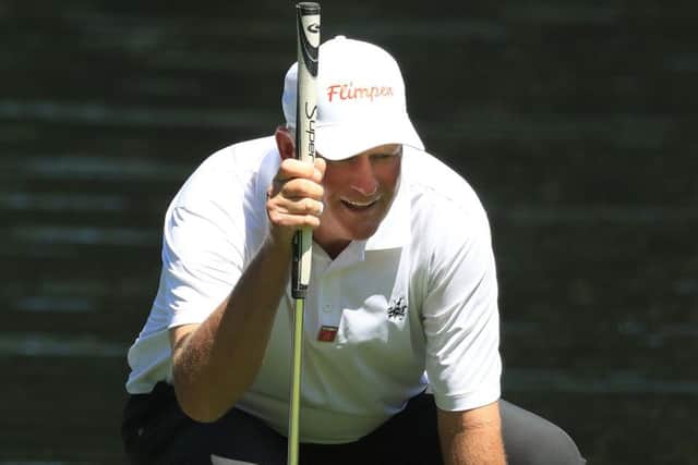 Sandy Lyle lines up a putt on his way to a five-under total in the Par 3 event at Augusta National. Picture: Getty Images