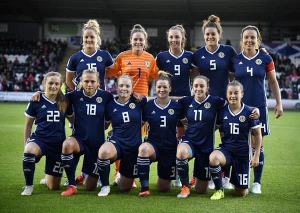 The Scotland team featuring, back row (left to right), Sophie Howard, Lee Alexander, Caroline Weir, Jennifer Beattie, Rachel Corsie, and front row (left to right), Erin Cuthbert, Claire Emslie, Kim Little, Emma Mitchell, Lisa Evans, Christie Murray. Picture: Rob Casey/SNS