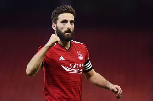 Graeme Shinnie celebrates after Aberdeen's 3-1 win over Motherwell. Picture: SNS Group