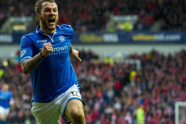 St Johnstone striker Stevie May scores twice to defeat Aberdeen in a come-from-behind win at Ibrox. Saints would go on to lift the trophy for the first time ever.