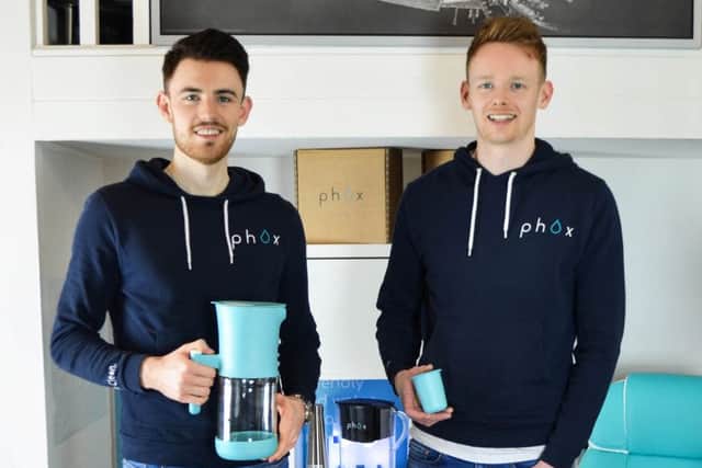 Phox Water co-founders Paul McTaggart (left) and Scott Dickson describe their product as 'the only filter that doesnt have a throwaway plastic cartridge'. Picture: Contributed