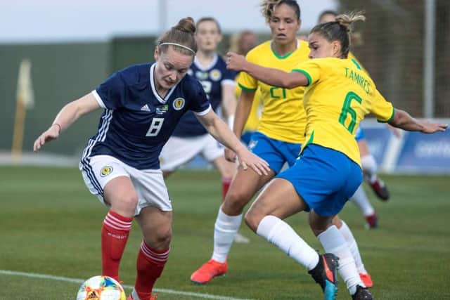 Brazils Tamirtes Britto vies for the ball with Caroline Weir in Murcia earlier this month. Picture: Marcial Guillen/EPA-EFE/Rex/Shutterstock/Getty