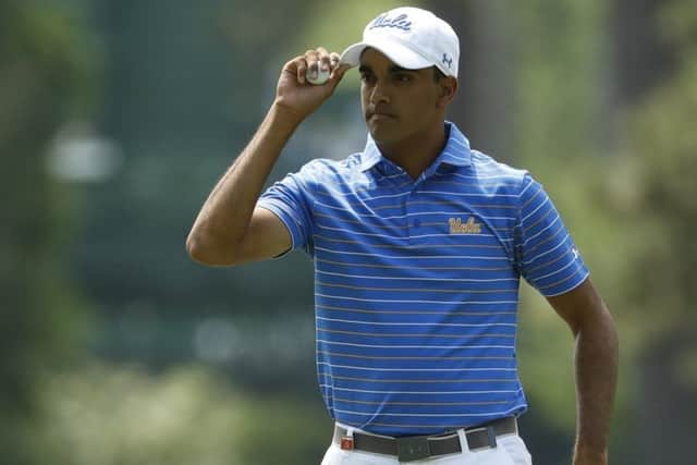 Devon Bling reacts after his putt on the third hole during the first round for the Masters golf tournament. Pic: AP/Matt Slocum