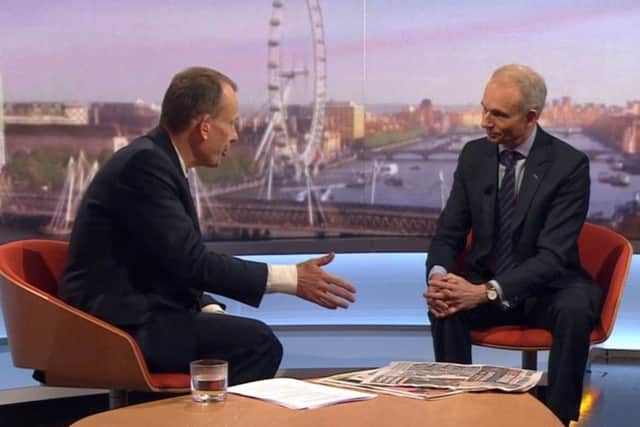 Chancellor of the Duchy of Lancaster David Lidington, with host Andrew Marr, appearing on the BBC1 current affaris programme, The Andrew Marr Show. Picture: BBC/PA Wire