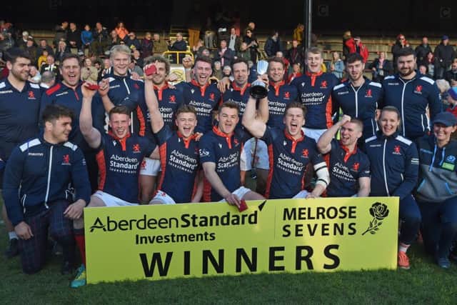 The victorious London Scottish squad with the trophy. Picture: Neil Hanna.