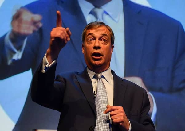 British politician and Brexit Party leader Nigel Farage addresses the first public rally of their European Parliament election campaign in Birmingham. Picture: Daniel Leal-Olivas/Getty Images