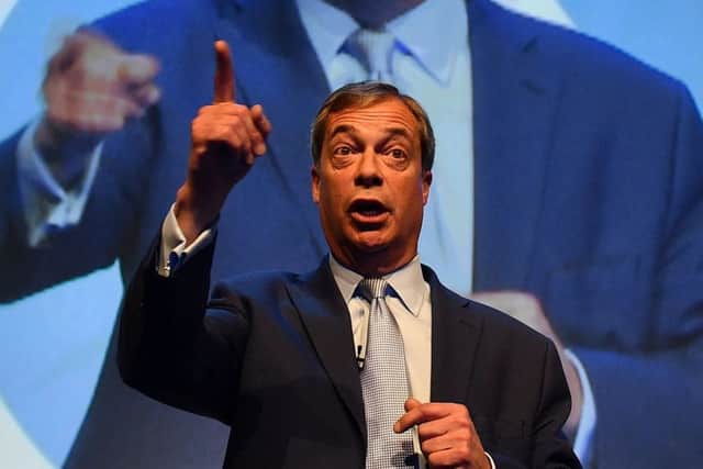 British politician and Brexit Party leader Nigel Farage addresses the first public rally of their European Parliament election campaign in Birmingham. Picture: Daniel Leal-Olivas/Getty Images