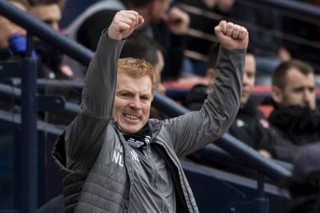 Celtic manager Neil Lennon celebrates after the second goal against Aberdeen. Picture: SNS