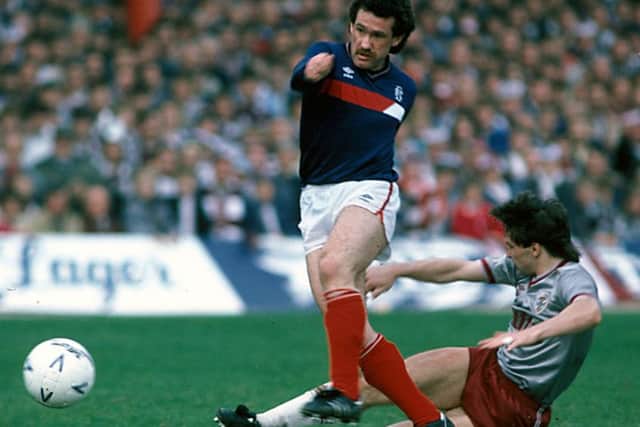 Albert Kidd in action against Hearts on the final day of the 1985/86 season. Picture: SNS Group