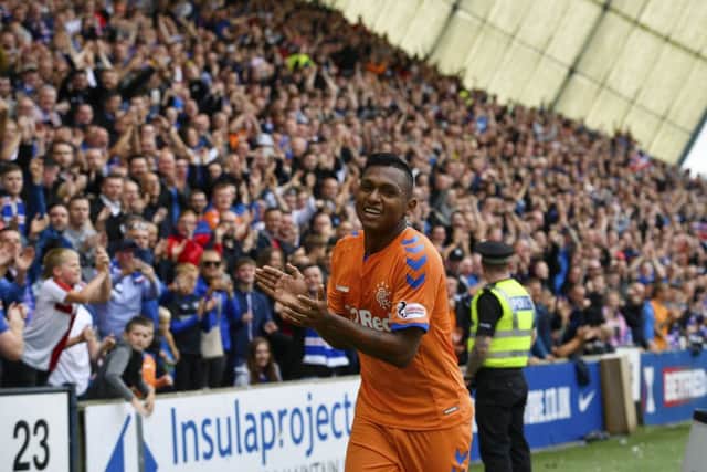 Rangers striker Alfredo Morelos celebrates a goal at Rugby Park with the travelling fans. Picture: SNS Group