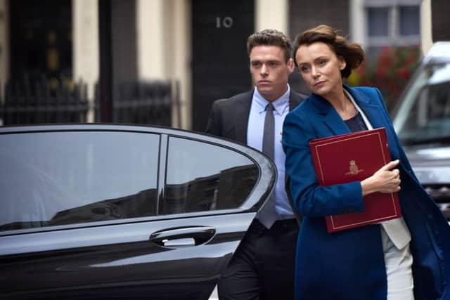 Hawes in Bodyguard, playing Home Secretary Julia Montague, with Richard Madden as minder David Budd. Picture: (C) World Productions - Photographer: Des Willie