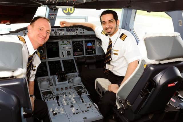 Captain Michael Tilnet and 1st officer Mubarak Ali Almeiri. The A380 has a 15,000 km (9444 miles) range and flies two of the world's longest routes: Dubai - Auckland and Dallas-Sydney.