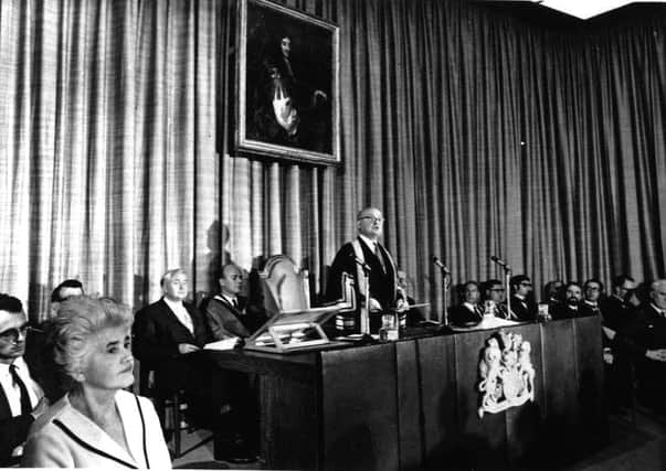 Lord Geoffrey Crowther, the first Chancellor of The Open University, on receipt of the brand-new institutions Royal Charter at a ceremony fifty years ago