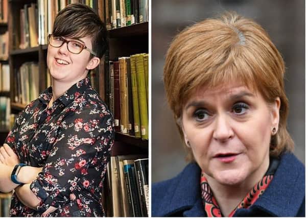 Nicola Sturgeon paid tribute to Lyra McKee (left) in a tweet. Pictures: AFP/PA
