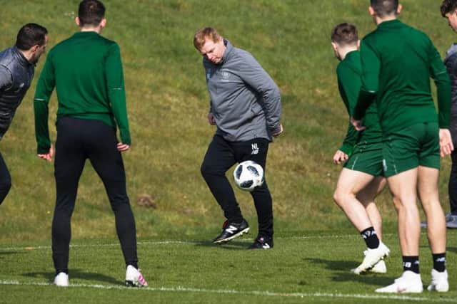 Neil Lennon with the Celtic squad in training.