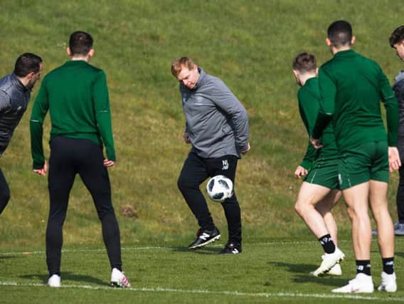 Neil Lennon with the Celtic squad in training.