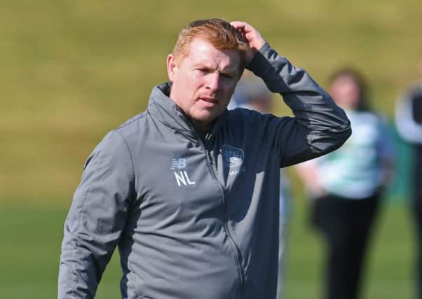 Celtic manager Neil Lennon oversees training at Lennoxtown ahead of the weekend fixture with Hibs. Picture: Craig Foy/SNS