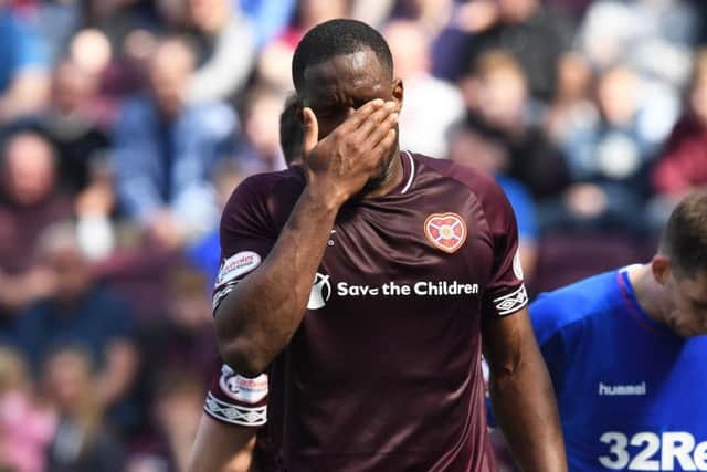 Hearts Uche Ikpeazu looks dejected in the second half. Pic: SNS/Alan Harvey