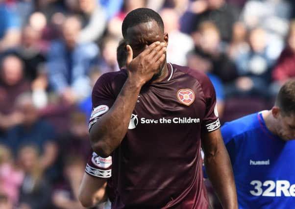 Hearts Uche Ikpeazu looks dejected in the second half. Pic: SNS/Alan Harvey