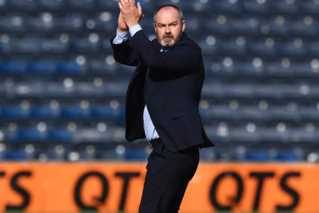 Kilmarnock manager Steve Clarke applauds the support at full-time. Pic: SNS/Gary Hutchison
