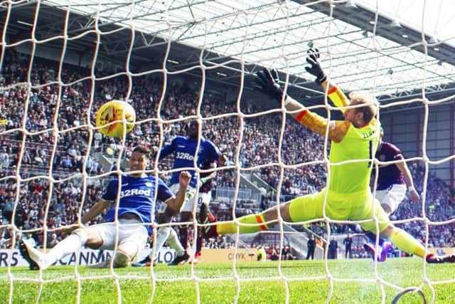 Nikola Katic scores Rangers' third at Tynecastle.