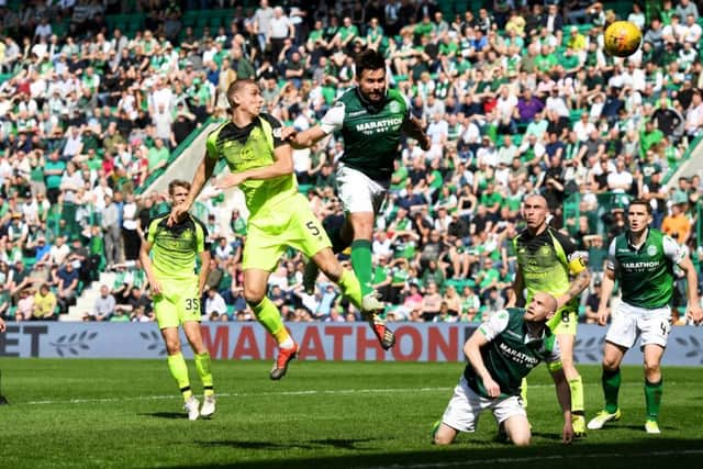 Jozo Simunovic attempts a late header during Hibs 0-0 draw with Celtic. Picture: SNS