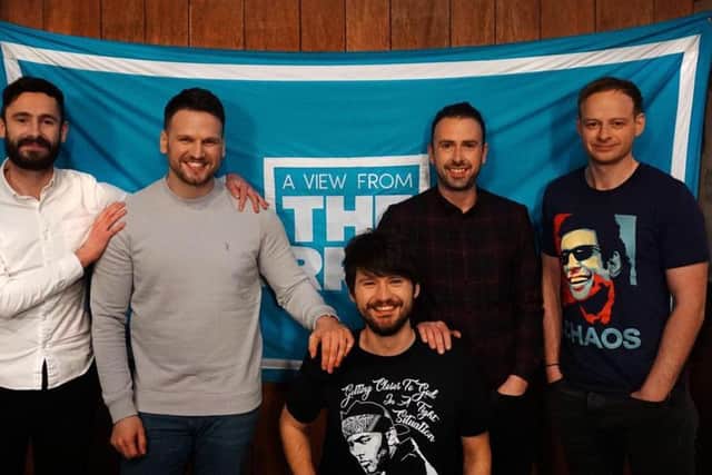 From left to right: Regular studio guest Robert Borthwick with hosts Craig G Telfer, Craig Fowler, Shaughan McGuigan and Joel Sked (Photo: BBC)