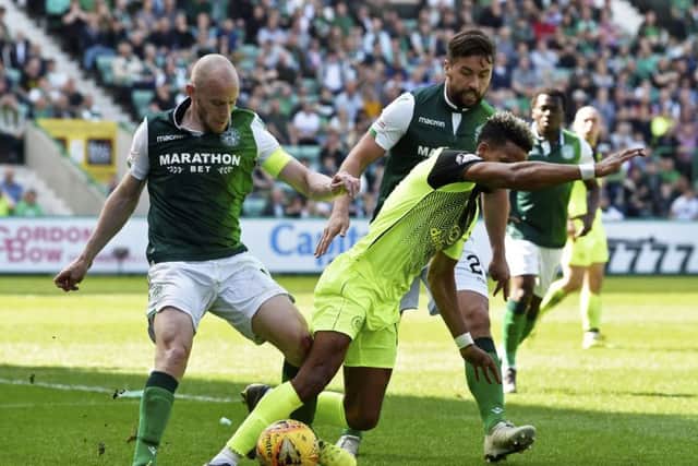 David Gray and Darren McGregor work together to close down Scott Sinclair during Sundays goalless draw with Celtic. Picture: SNS.