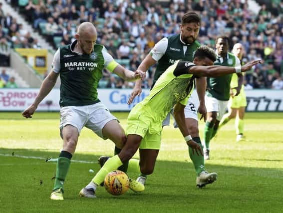 David Gray and Darren McGregor work together to close down Scott Sinclair during Sundays goalless draw with Celtic. Picture: SNS.