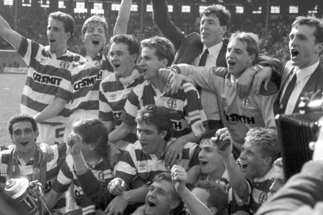 The Celtic players, with Peter Grant centre bottom of the picture, celebrate their 1988 Scottish Cup win. Picture: Brian Stewart