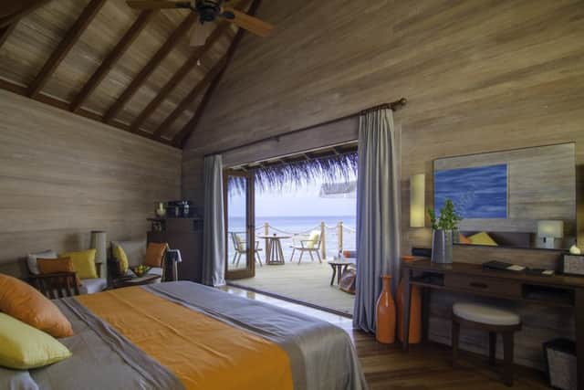 One of the 30 beachover water villas at Mirihi Island Resort in the Maldives