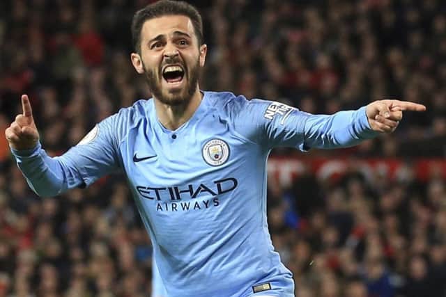 An ecstatic Bernardo Silva celebrates opening the scoring at Old Trafford. Picture: Jon Super/AP