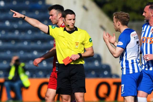 Referee Steven McLean sends off Rory McKenzie. Picture: SNS Group