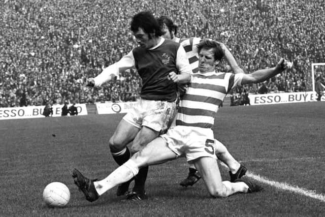 Billy McNeill tackles Jimmy O'Rourke of Hibs during the 1972 Scottish Cup final. Picture: SNS Group