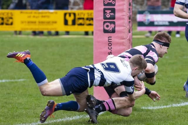 David Corbenici scores a try for Ayr in their 29-23 victory over Heriots in last months Premiership final. Picture: SNS/SRY.