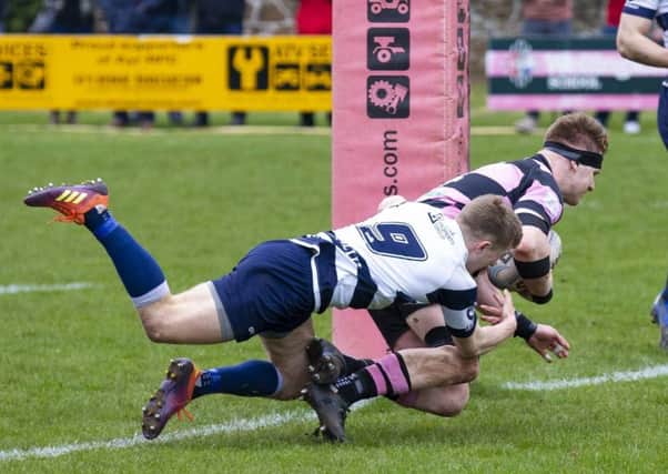 David Corbenici scores a try for Ayr in their 29-23 victory over Heriots in last months Premiership final. Picture: SNS/SRY.