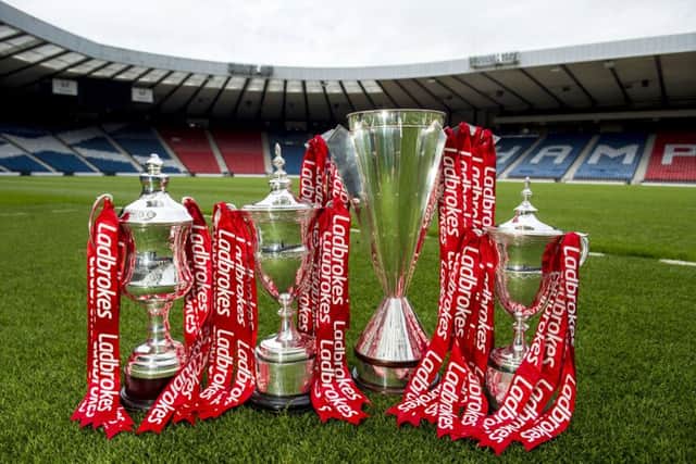The four SPFL trophies are seen at Hampden. Picture: SNS Group