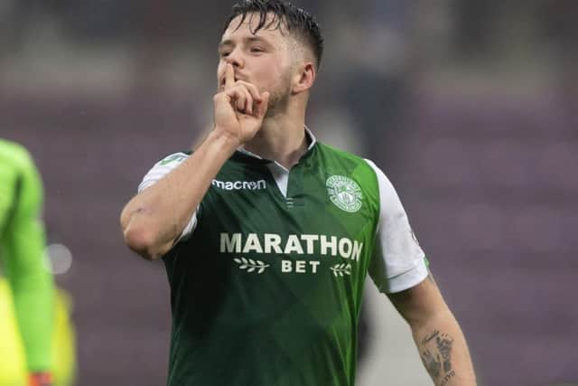 Hibernian's Marc McNulty shushes the Hearts fans after victory at Tynecastle. Picture: Craig Williamson/SNS