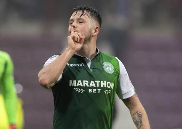 Hibernian's Marc McNulty shushes the Hearts fans after victory at Tynecastle. Picture: Craig Williamson/SNS