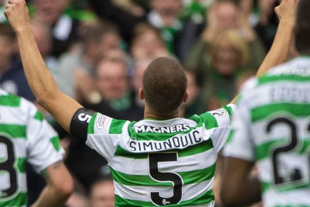 Celtic's Jozo Simunovic scores on a day that the club remember their legendary former No.5 Billy McNeill. Pic: SNS/Bill Murray